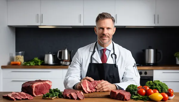 medico preparando carne para comer en cocina.