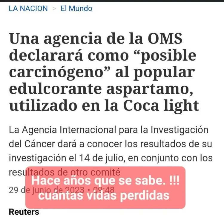 articulo de diario donde informa los edulcorantes son cancerigenos