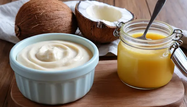 ghee, aceite de coco, crema, manteca.