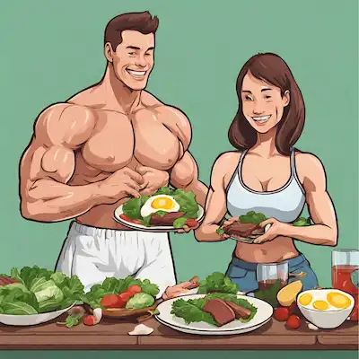 hombre y mujer sanos con comidas keto