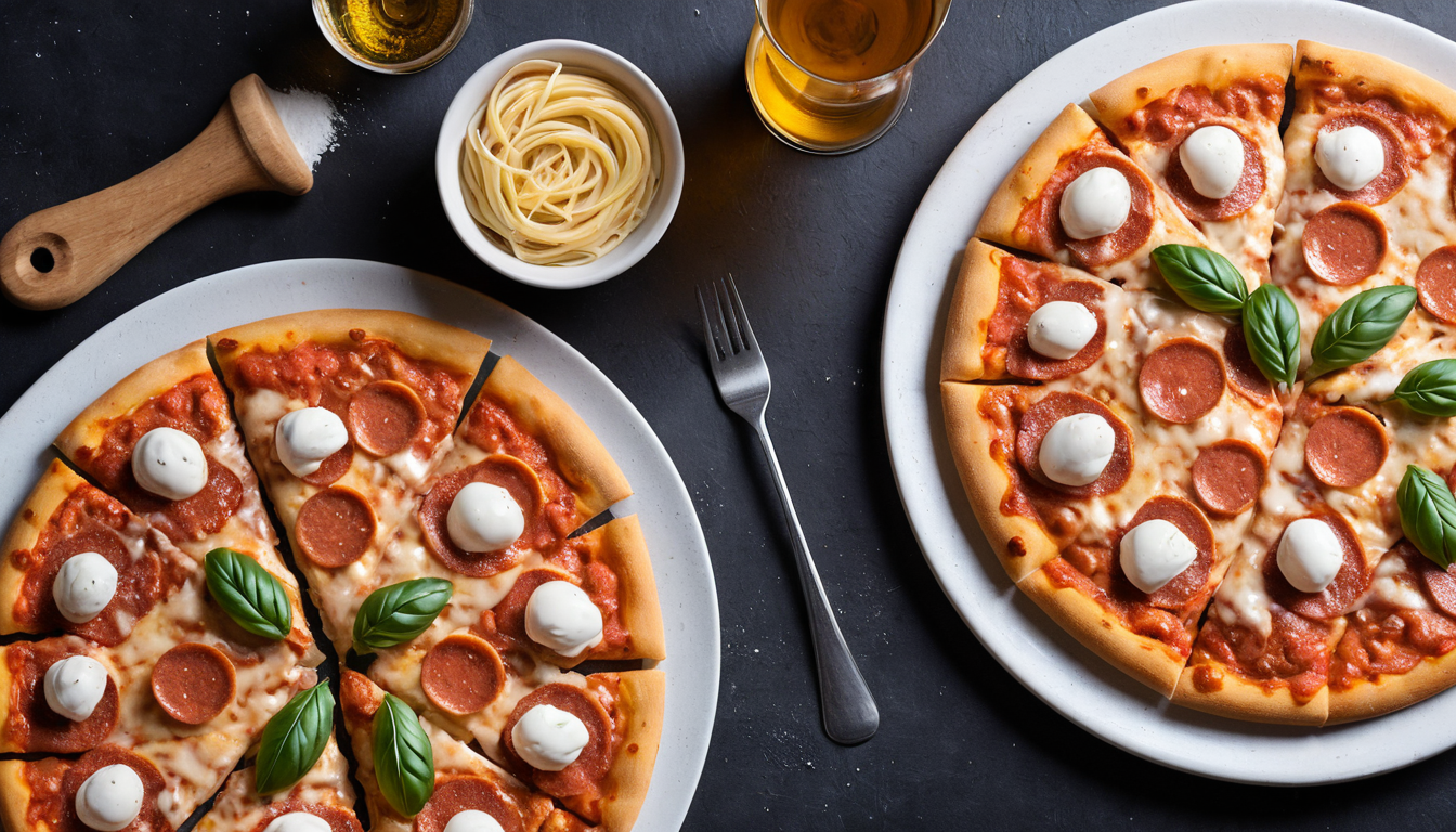 mesa con dos pizzas, cerveza, pastas